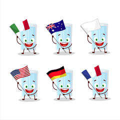 Glass of water cartoon character bring the flags of various countries