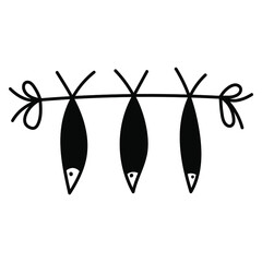Vector illustration in flat style. Three fish on a rope. Black and white image. It can be used as a logo.