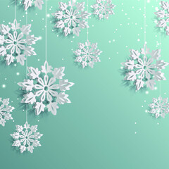 3D High Quality Origami Merry Christmas and Happy New Year Background with Falling Snow . Isolated Vector Elements