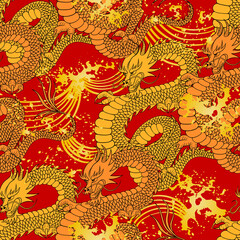 Chinese-inspired red and yellow seamless pattern with dragon and golden splashes of waves. Oriental vector background.