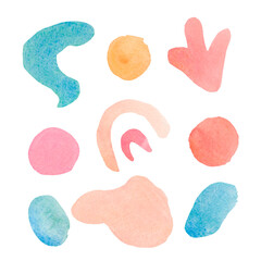 Set of watercolor pastel spots,textures on white isolated background.Collection of abstract delicate blots with differents forms hand drawn.Design for social networks,invitations,weddings,posters.