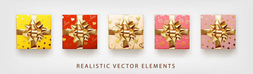 Collection of gift presents with golden foil bow. Set of 3d realistic gift boxes with pattern red, pink, yellow, white, beige colors.