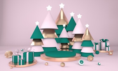 Christmas background with Christmas tree and stage for product display. 3d rendering.