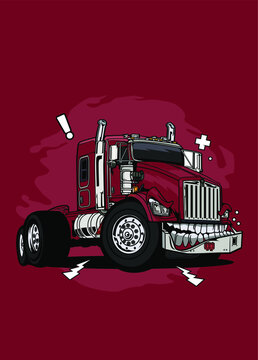 Illustration monster red truck, high quality colored design with fun concept, made from original sketch and digitalize using corel draw, photoshop, adobe illustrator. Available in CDR. Ai. EPS.