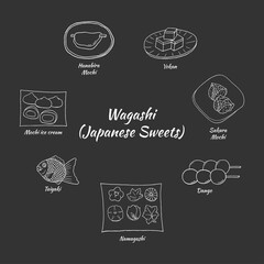Vector hand drawn doodle wagashi (Japanese sweets) set. Design sketch elements for menu cafe, restaurant, label and packaging. Illustration on a dark background.