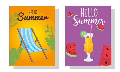 hello summer sun chair cocktail and watermelons vector design
