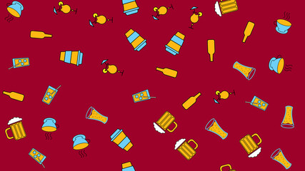 Texture seamless pattern from a set of raivy good tasty refreshing alcoholic drinks cocktails whiskey beer coffee tea with ice on a red background.  illustration