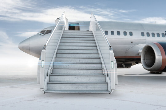 Passenger airplane with a boarding stairs on the airport apron isolated on bright background with sky