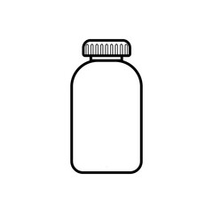 Medical pharmaceutical pills pills in a package, a jar with a lid for the treatment of diseases, a simple black and white icon on a white background. 