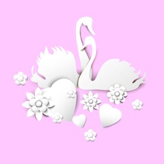 Vector illustration for Valentine's day or wedding. Silhouettes of swans ,flowers and hearts in the style paper cut 