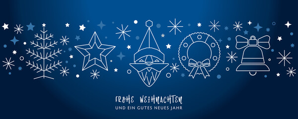 Fototapeta na wymiar Weihnachtskarte Deko blau weiß - Weihnachtsmann, Weihnachtsbaum Kranz, Stern und Glocke