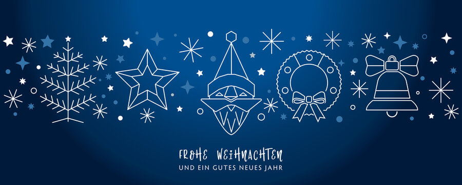 Weihnachtskarte Deko blau weiß - Weihnachtsmann, Weihnachtsbaum Kranz, Stern und Glocke