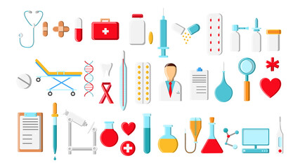 A large beautiful bright colored set of medical items and tools of a pharmacy or doctor's office, thermometer tablets syringes medication flasks on a white background. illustration