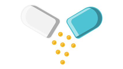Beautiful medical blue and white two-color tablet capsule with medicines powder for the treatment of diseases pharmaceutical on a white background.  illustration