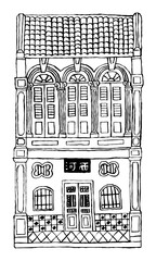 Hand drawn line's double story colonial style shop house. Black outline only. Signboard's caption: the places where the owner's origin.