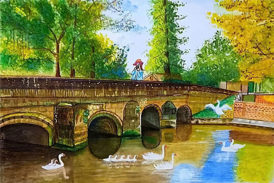 Watercolor hand drawn historical bridge and lake illustration Premium Vector
