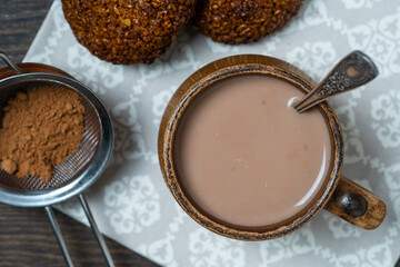 Hot cocoa drink and oatmeal cookies on the table.