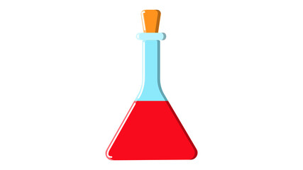Beautiful medical red triangular glass chemical flask test tube with liquid for research studies conducting experiments and making medicines on a white background. illustration
