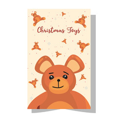 merry christmas toys with teddy bear in card vector design