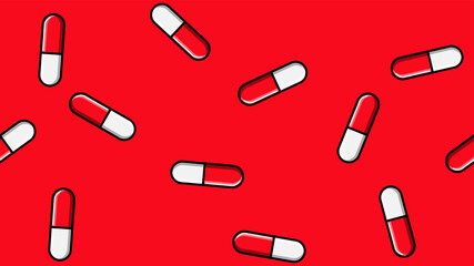 Seamless pattern texture of red oval white and red medical pharmaceutical pills capsules with medication, drugs, vitamins on a red background.  illustration