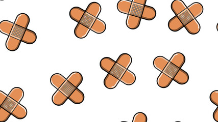 Seamless pattern texture of endless repetitive corporal medical pharmacological patches for sticking wounds and cuts against white yellow background. illustration