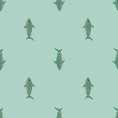 Minimalistic seamless doodle pattern with shark elements. Green little fishes on light pastel background.