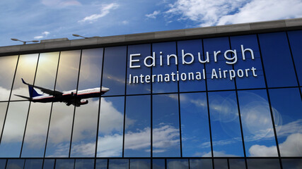 Obraz premium Airplane landing at Edinburgh Scotland airport mirrored in terminal