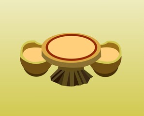 Vector of a round table with two seats on brown background