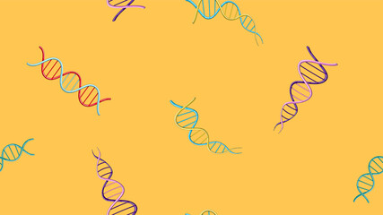 Fototapeta premium Seamless pattern texture of endless repetitive medical scientific abstract structures of dna gene molecules models on a yellow background. illustration