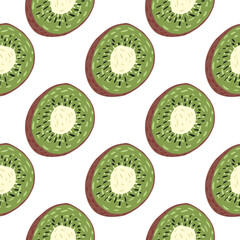 Isolated kiwi fruit doodle seamless pattern. Green healthy organic slices on white background.