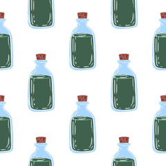 Isolated medical bottle seamless doodle pattern. Simple liquid ornament in green and blue tones.