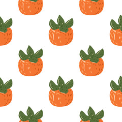 Isolated seamless food backdrop with ripe persimmon ornament. Orange fruits on white background.
