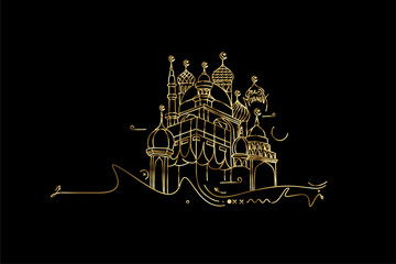 Holy Kaaba in Mecca Saudi Arabia, Gold Line Art Vector illustration.