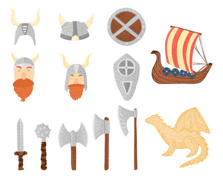 Set vikings in helmet on white background. Cartoon cute vikings, dragon, shield, sword, armor, axe, Drakkar in doodle.