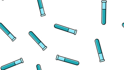 Seamless pattern texture of endless repetitive long blue medical chemical glass scientific test tubes of flasks cans on white background. illustration
