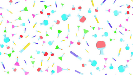 Seamless pattern texture of endless repeating multi-colored medical chemical glass scientific test tubes of flasks of different shapes on white background.  illustration