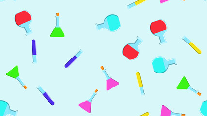 Seamless pattern texture of endless repeating multi-colored medical chemical glass scientific test tubes of cans flasks of different shapes on a blue background.  illustration