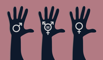 Male, female and transgender signs inside three different arm prints. Human rights, gender equality symbols. Hand silhouettes on pink background, sex rights as metaphor of social issue.