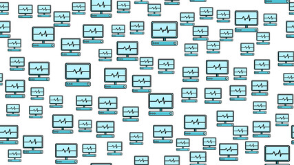 Seamless pattern texture of endless repetitive scientific medicine with the pulse and cardiogram of modern digital laptop computers with monitors on a white background. Vector illustration