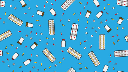 Seamless pattern texture of endless repetitive medicine tablets pills dragee capsules records cans of packs with medicines vitamins drugs on a blue background flat lay top view. illustration