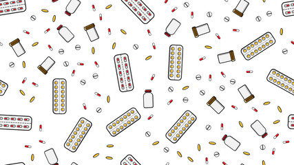 Seamless pattern texture of endless repetitive medicine tablets pills dragee capsules records cans of packs with medicines vitamins drugs on a white background flat lay top view. illustration