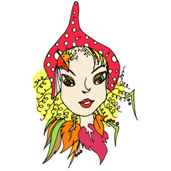 Human face and mushroom. Amanita on the head. Psychedelic hand-drawn print. Natural folklore motive. The face of a girl in a mushroom with beautiful hair.