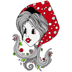 Human face and mushroom. Amanita on the head. Psychedelic hand-drawn print. Natural folklore motive. The face of a girl in a mushroom with beautiful hair.