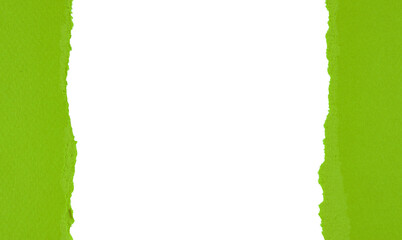 Fototapeta premium Green torn paper with rolled edge with blank space. Torn paper with white copy space. Empty space for your message. Two pieces of torn paper with opening showing white clipping path.