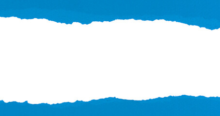 Blue torn paper with rolled edge with blank space. Torn paper with white copy space. Empty space for your message. Two pieces of torn paper with opening showing white clipping path.
