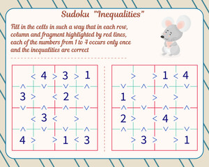  Logic game for children and adults. Inequality Sudoku. Development of attention, memory, thinking. Worksheet.