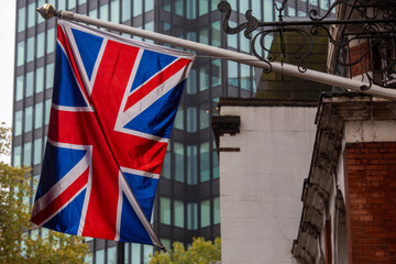 Fototapeta na wymiar union jack flag hanging in London, United Kingdom.