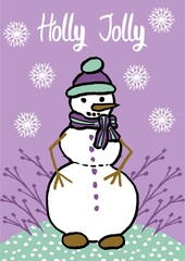 Merry winter cartoon illustration with snowman and Holly Jolly lettering. Cute christmas and new year character in a hat on a lilac background with snowflakes and twigs