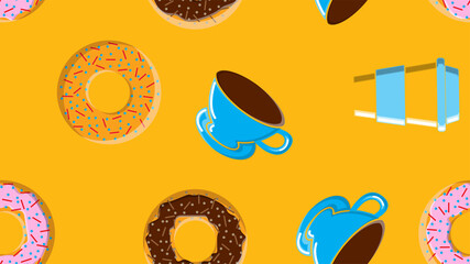 Fototapeta premium Seamless pattern, texture from different round sweet tasty donuts to hot sugary caramel chocolate and a cup of hot quick strong morning coffee for breakfast on a yellow background. Vector illustration