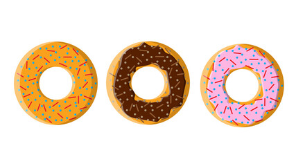 A set of three different round sweet tasty donuts of hot sugar-filled caramel chocolate and a cup of hot, fast strong morning coffee for breakfast on a white background. illustration